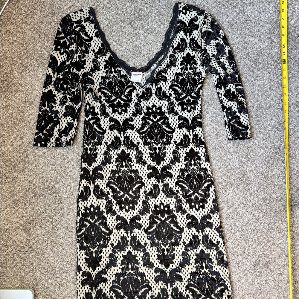 Free People Intimately Black and Cream Velvet Patterned Long Sleeve Dress